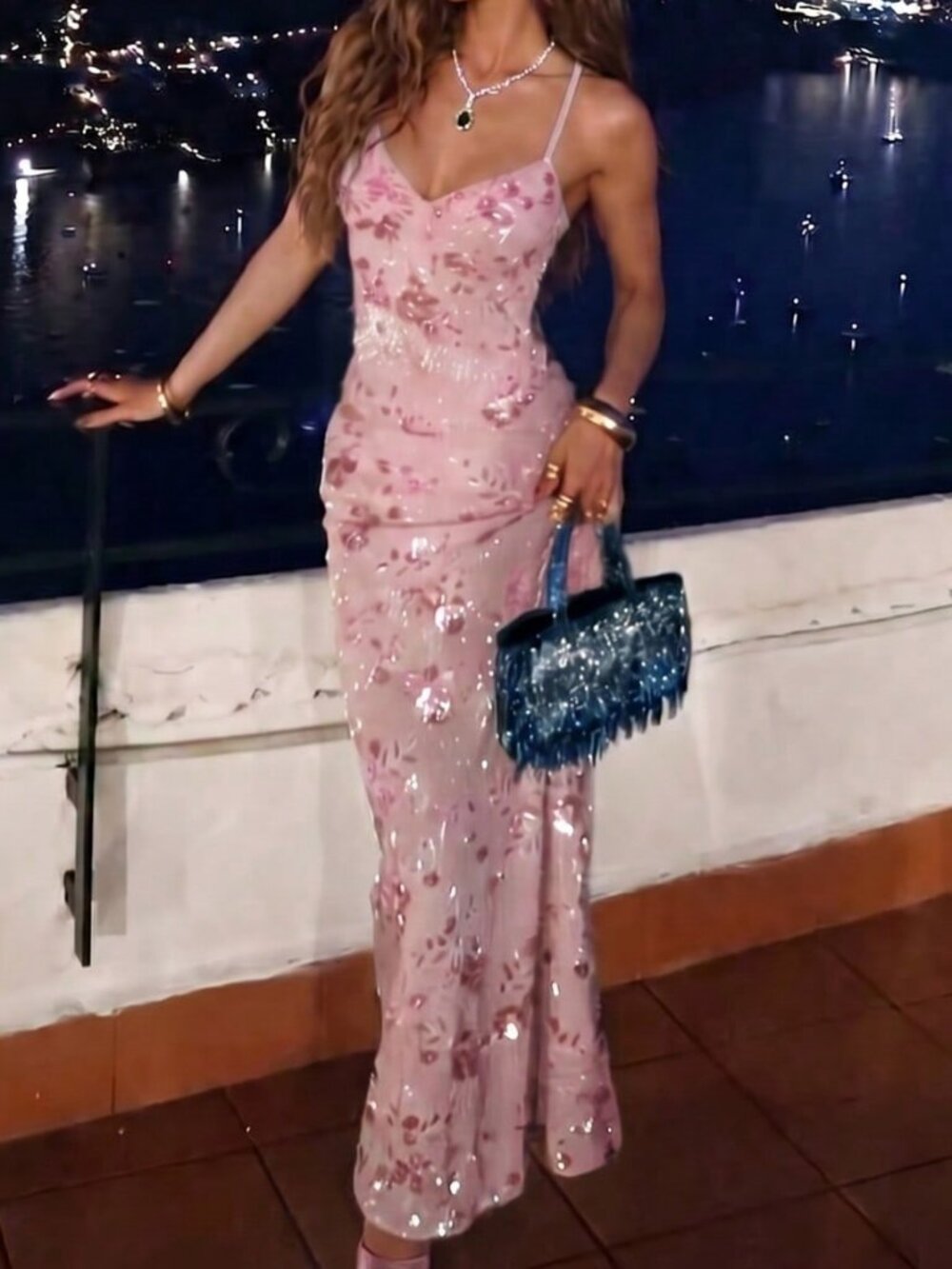 Pink Elegant Women's Backless Knot Shirred Cami yop with Long Skirt coord Set
